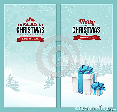 Merry Christmas and Happy New Year set of vertical banners with vintage badges on the holiday winter scene landscape background. Vector Illustration