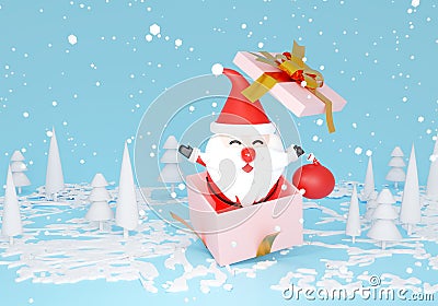 Merry Christmas and Happy New Year snow season. 3d render gifts boxes. Open gift box full with Santa Claus inside. Holiday banner Stock Photo