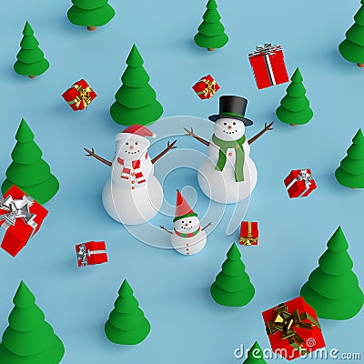 Merry Christmas and Happy New Year, Snowman in pine forest with Christmas gifts Stock Photo