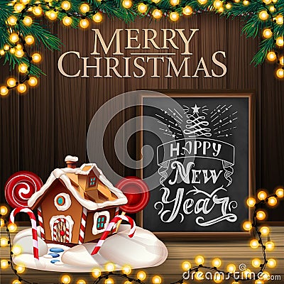 Merry Christmas and Happy New Year, square greeting postcard with wooden wall, garland, chalkboard with lettering. Stock Photo