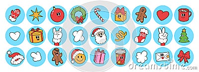 Merry Christmas and Happy New year stickers in trendy groovy retro cartoon style. Vector Illustration