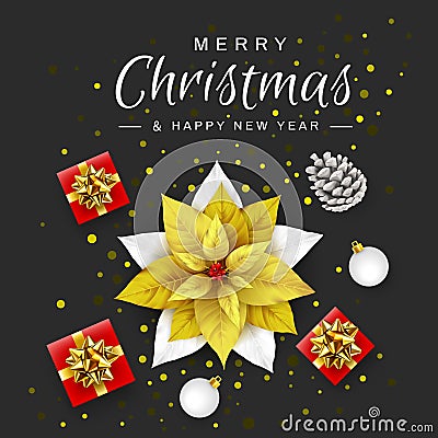 Merry Christmas and Happy New Year. Stylised Poinsettia Gold Flower. Christmas Eve Background. Holiday Flower Star. Gift boxes, Vector Illustration