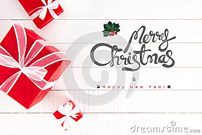 Merry Christmas and Happy New Year text with gift boxes on white Stock Photo