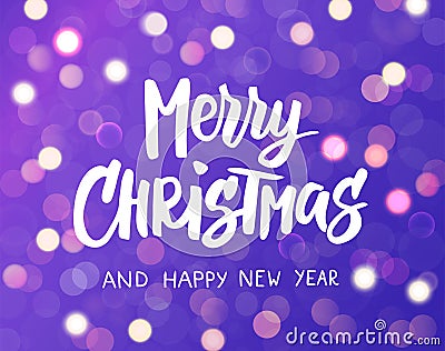 Merry Christmas and Happy New Year text. Holiday greetings quote. Purple background with sparkling glowing lights. Bokeh Vector Illustration