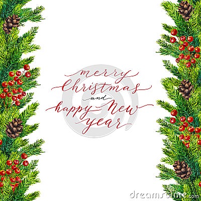 Merry Christmas and Happy New Year text on watercolor border Stock Photo
