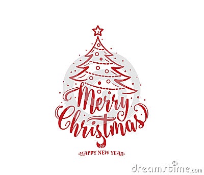 Merry christmas and happy new year text. Xmas tree with decoration, type. Vector Illustration
