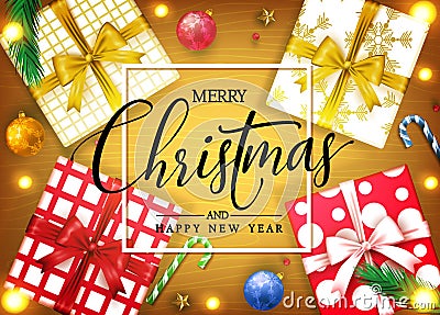 Merry Christmas and Happy New Year Top View Decorative Banner With Realistic Gift Boxes Vector Illustration