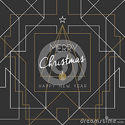 Merry christmas happy new year tree art deco line Vector Illustration