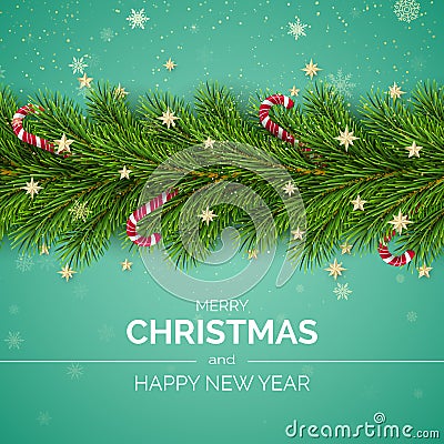 Merry Christmas and Happy New Year. Christmas Tree Branches Decorated with Golden Stars and Snowflakes and Candy Canes. Vector Illustration