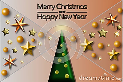 Merry christmas Happy new year triangle pine tree design in retro geometry style with gold and pastel color on texture Vector Illustration