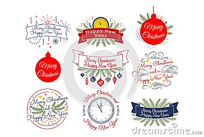 Merry Christmas. Happy New Year. Typographic badges collection Vector Illustration