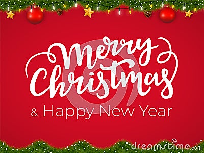 Merry Christmas and Happy New Year typographical postcard on red Xmas background with festive holiday garland Vector Illustration