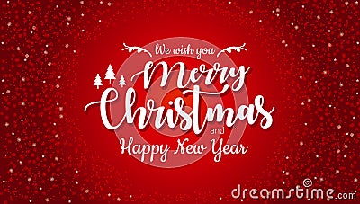 Merry Christmas and Happy New Year typographical on red background with glitter texture. Celebration Xmas card, banner. Christmas Stock Photo