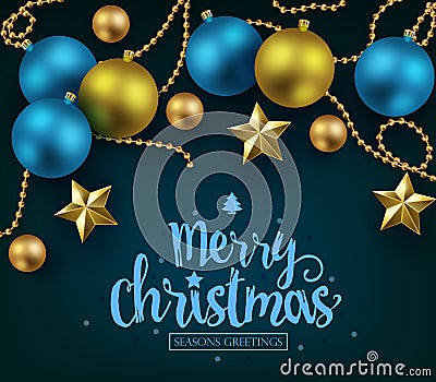 Merry Christmas and Happy New Year Typography on Blue Background Vector Illustration