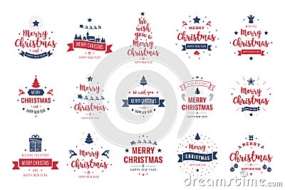 Merry Christmas. Happy New Year, typography lettering badge emblems quotes set collection. Vector logo design for postcard, Vector Illustration