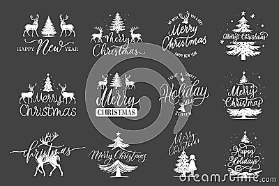 Merry Christmas. Happy New Year. Typography set. Vector logo, emblems, text design. Usable for banners, greeting cards, gifts etc Vector Illustration