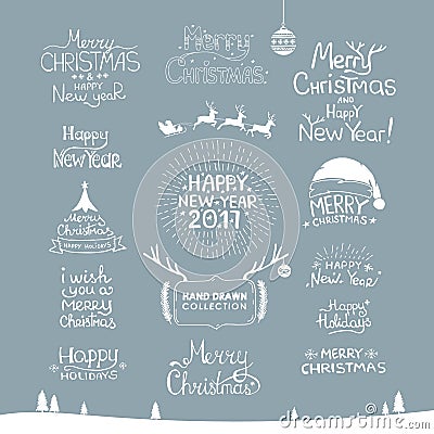 Merry Christmas. Happy New Year, 2017. Typography set. Vector logo, emblems, text design. Usable for banners, greeting Vector Illustration