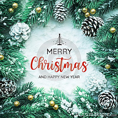 MERRY CHRISTMAS AND HAPPY NEW YEAR typography,text with christmas ornament Stock Photo