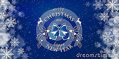Merry Christmas and happy New Year typography text sign on blue background Vector Illustration