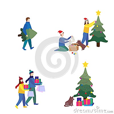 Merry Christmas and Happy New Year flat set illustration Vector Illustration