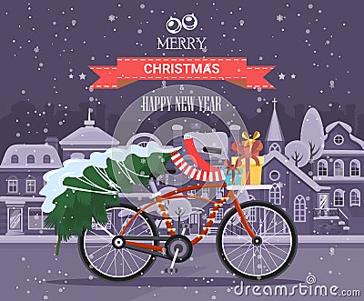 Merry Christmas and Happy New Year vector greeting card in flat style with bicycle. Vector Illustration