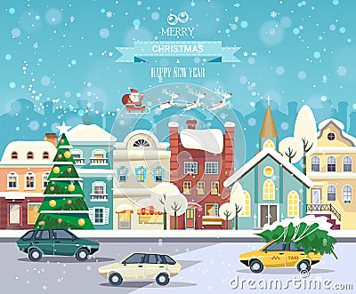 Merry Christmas and Happy New Year vector greeting card in flat style. Vector Illustration