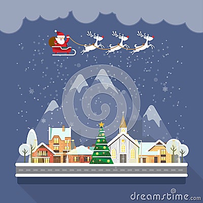 Merry Christmas and a Happy New Year vector greeting card in modern flat design. Christmas town. Santa Claus with reindeers Vector Illustration