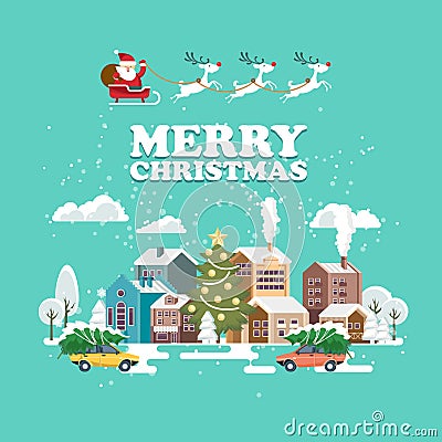 Merry Christmas and a Happy New Year vector greeting card in modern flat design. Christmas town. Santa Claus Vector Illustration