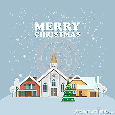 Merry Christmas and a Happy New Year vector greeting card in modern flat design. Christmas town. Snowy landscape Vector Illustration