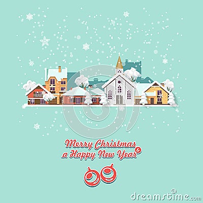 Merry Christmas and a Happy New Year vector greeting card in modern flat design. Christmas town. Vector Illustration