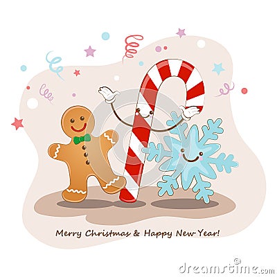 Merry Christmas and happy new year. Vector illustration. Cute picture of a Christmas cookies, snowflakes and candy. Funny greeting Cartoon Illustration