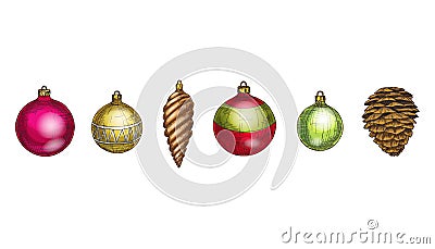 Merry Christmas and Happy New Year vector set. Cone and multicolored glass balls Isolated on white background. Winter hollidays co Stock Photo