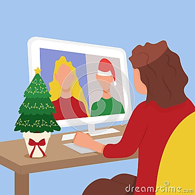 Merry Christmas and Happy New Year. Video call with friends, colleagues. Vector illustration. Online Conference Vector Illustration