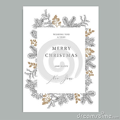 Merry Christmas, Happy New Year vintage floral greeting card, invitation. Holiday frame with evergreen fir tree branches Vector Illustration