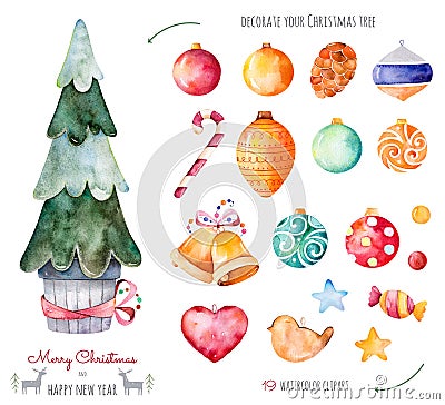 Merry Christmas and Happy New Year watercolor set. Stock Photo