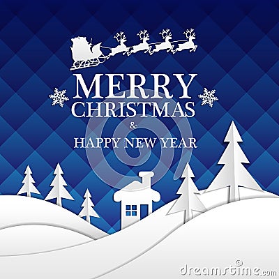 Merry Christmas and Happy New Year white paper cut on blue night design for holiday festival celebration night party vector. Vector Illustration