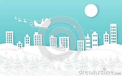 Merry Christmas and Happy new year, white winter with Santa Claus and reindeer on sky, paper art background, decoration digital c Vector Illustration