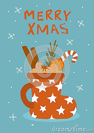 Christmas happy new year winter greeting card with decorated hot drink mulled wine mug in a shape of shoe vector illustration Vector Illustration