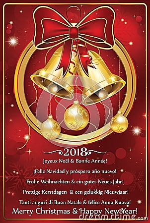 Merry Christmas and Happy New Year 2018 written in many languages. Greeting card for the winter holidays season. Stock Photo