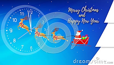 Merry Christmas and Happy Newyear card with Santa Claus and his reindeers across beautiful deep blue sky over midnight time with Stock Photo