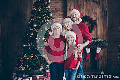 Merry christmas and happy newyear.Photo of daddy mommy sister brother having best x-mas eve together near garland tree Stock Photo