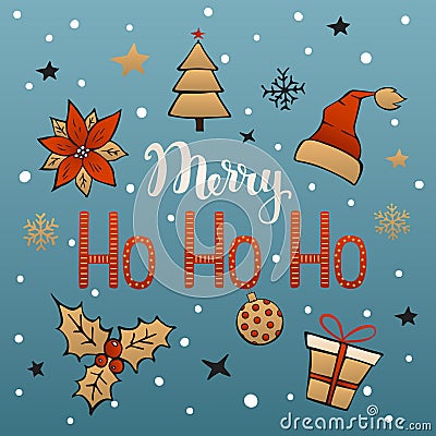 Merry christmas ho ho ho handwriting text with xmas decoration, poinsettia flower, pine tree, holly berry, ball, gift, box Vector Illustration