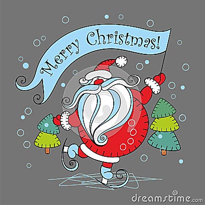 Merry Christmas. Holiday card. Santa Claus on skates.Vector illustration Cartoon Illustration