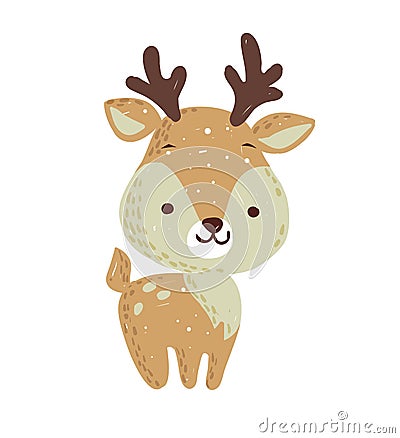 Merry christmas holiday graphic. Cute deer with colorful scarf. Vector hand drawn illustration. Vector Illustration