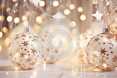 Merry Christmas, holiday wallpaper, Christmas balls on glowing sparkling background. Generative AI Stock Photo