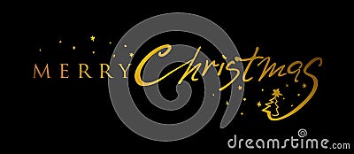 Merry Christmas horizontal banner. Vector Text Background. Golden text on black background. Cartoon Illustration