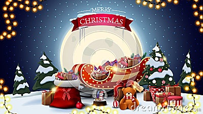 Merry Christmas, horizontal postcard with cartoon winter landscape, big yellow moon, Santa Claus bag, Santa Sleigh with presents. Vector Illustration