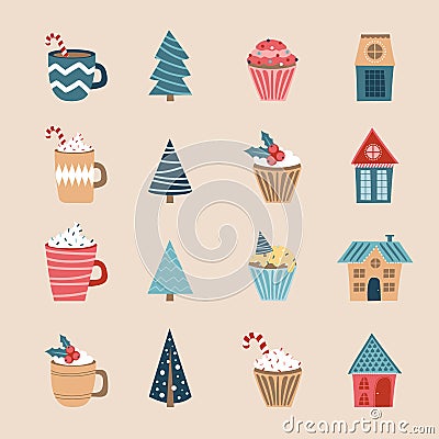 Merry Christmas icon set. Holiday icons. Cups, cupcakes, houses and trees Vector Illustration