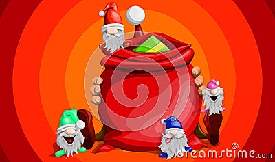 Vector Santa Claus sat down and hugged a bag of gifts and next to him his assistants in cartoon style Vector Illustration