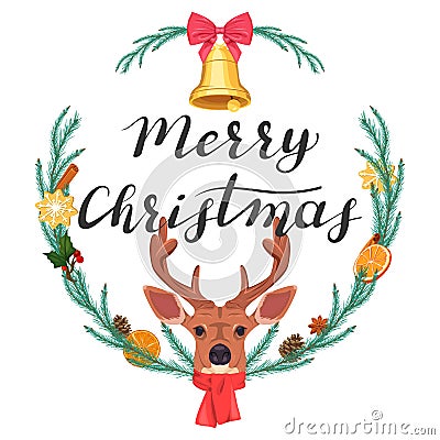 Merry Christmas. Illustration with a deer and a wreath Vector Illustration